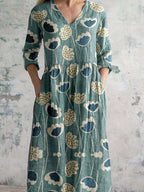 Women's V-neck Elegant Vintage Floral Pattern Cotton Shirt Dress