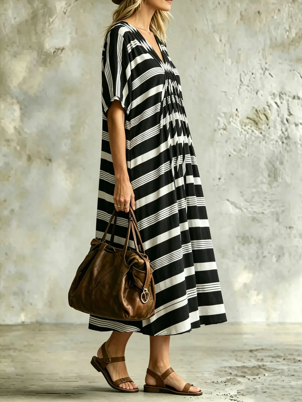 Women's Black and White Striped V-Neck Midi Dress - Casual Loose Fit Short Sleeve Caftan Maxi Dress