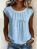 Women'S Casual Round Neck Pleated Cotton And Linen Top