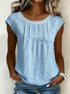 Women'S Casual Round Neck Pleated Cotton And Linen Top