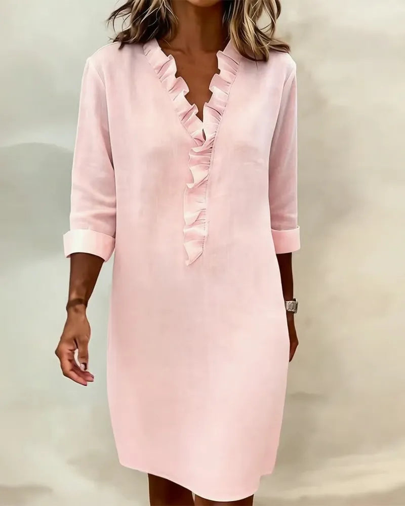 Ruffled V-Neck Solid Color Dress