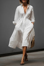 Women's White Linen Dress With Shirt Collar & Elastic Waist, Timeless Effortless-Chic Style Dress