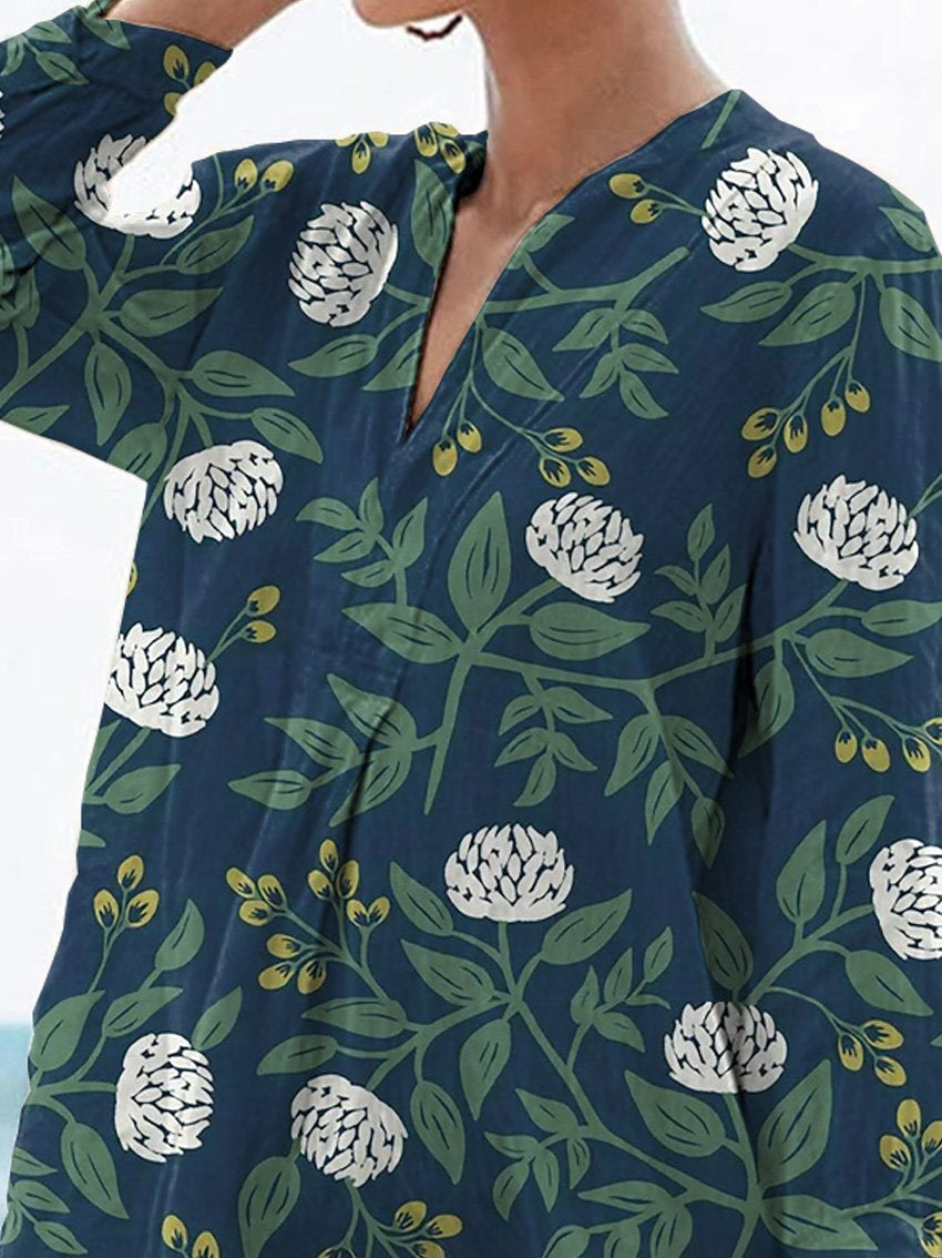 Tranquil White Floral Bush Pattern Printed Women's Casual Linen V-neck Shirt