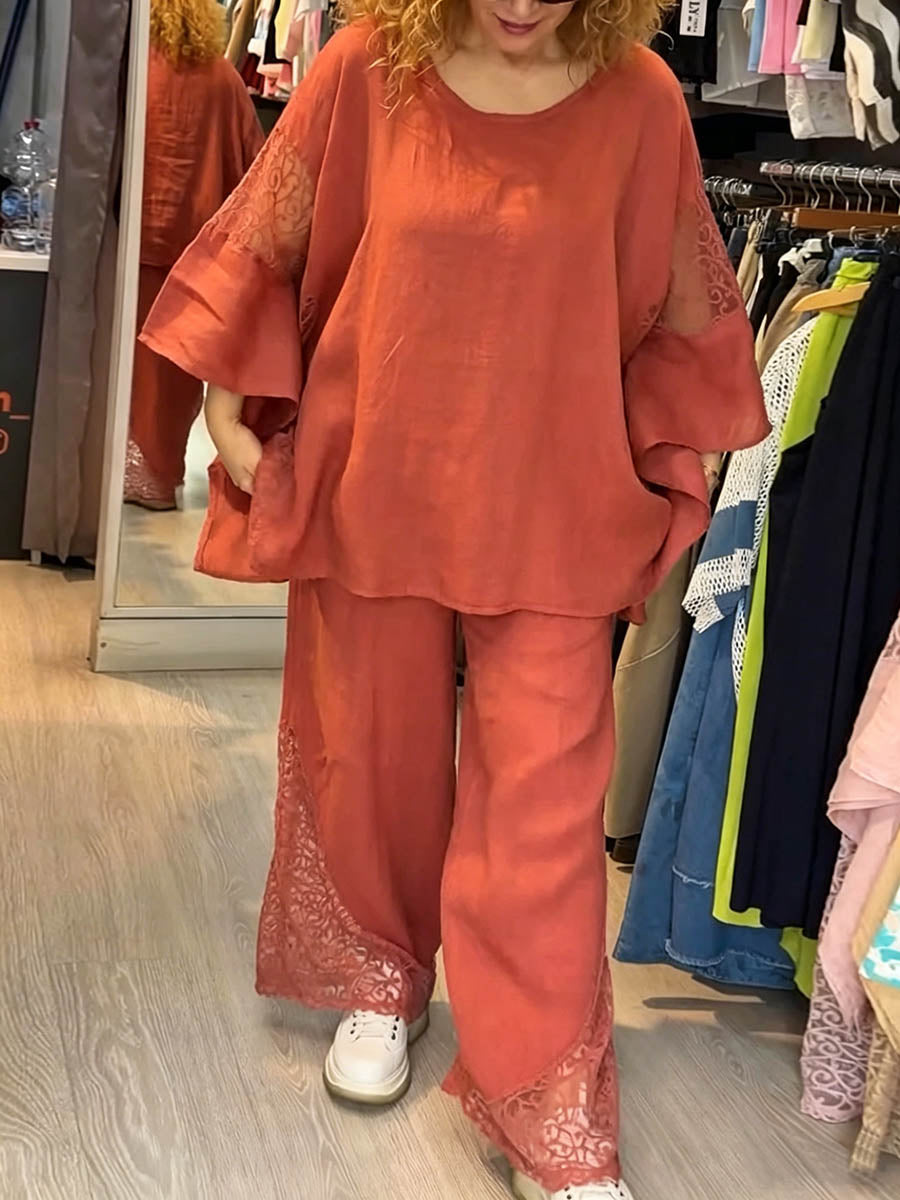 Women's Solid-color Cotton-linen Set: Round-neck Long-sleeve Loose-fit Top With Contrast Panels & High-waisted Wide-leg Pants