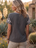 Retro Casual Cotton-linen Shirt With Floral Embroidery