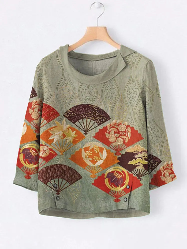 Vintage Japanese Art Fan Print Casual Blouse