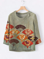 Vintage Japanese Art Fan Print Casual Blouse
