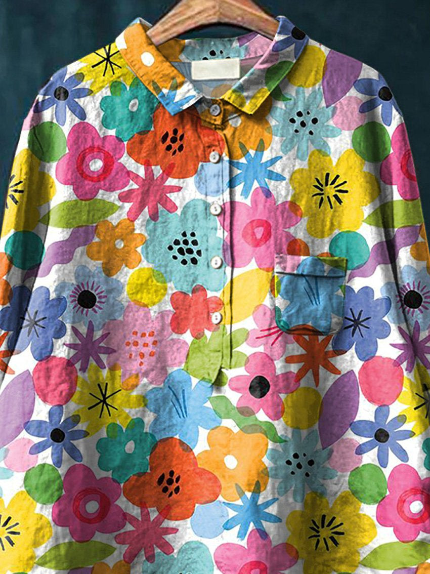 Colorful Summer Floral Pattern Printed Women's Casual Cotton And Linen Shirt