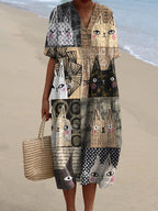 Women's Vintage Lovely Cats Art Print Flowy Dress
