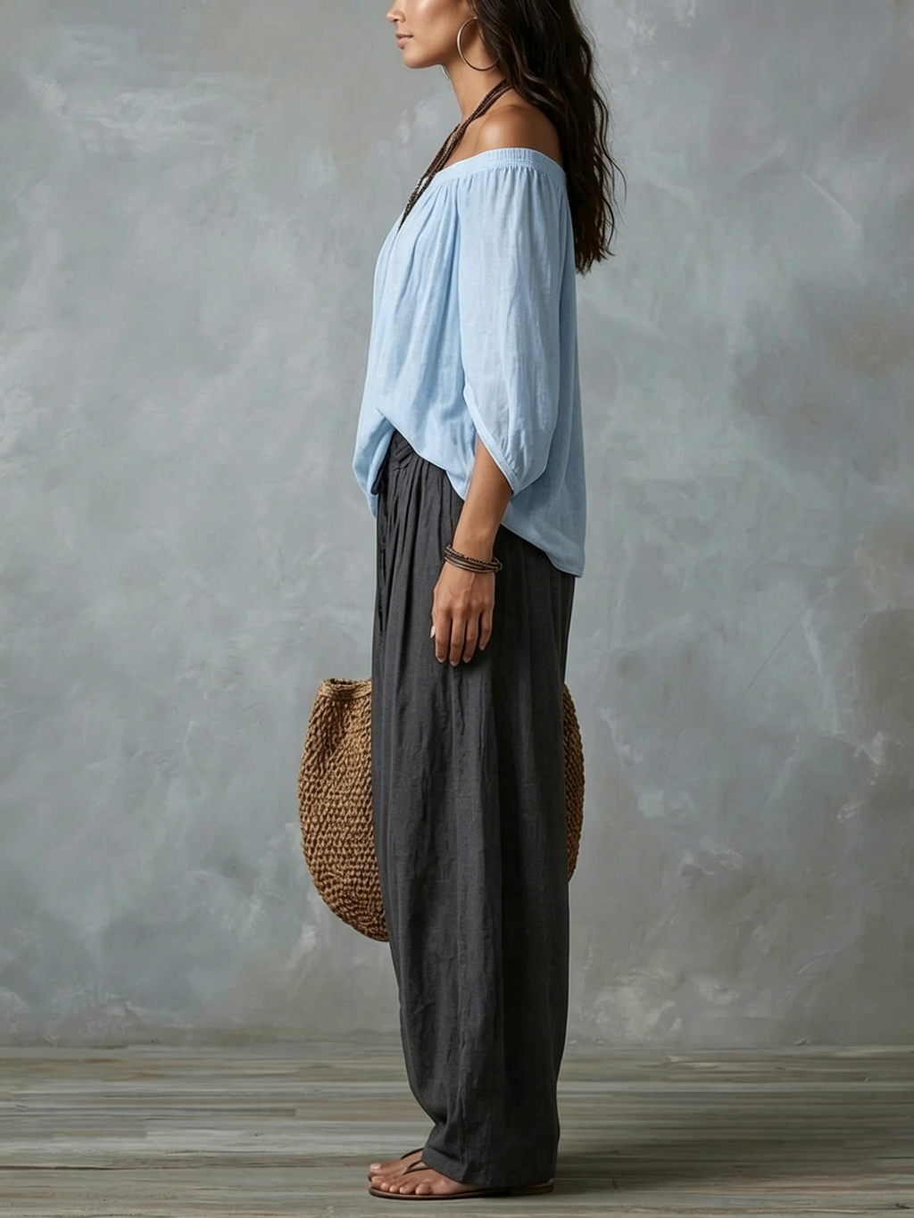 Light Blue Off-shoulder Top And Dark Gray Loose-fitting Lantern Pants Suit