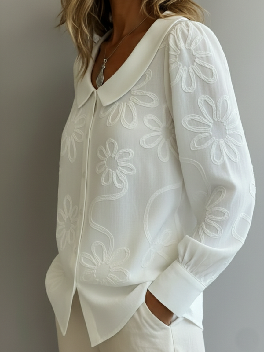 Elegant Peter Pan Collar Embroidered Floral Shirt