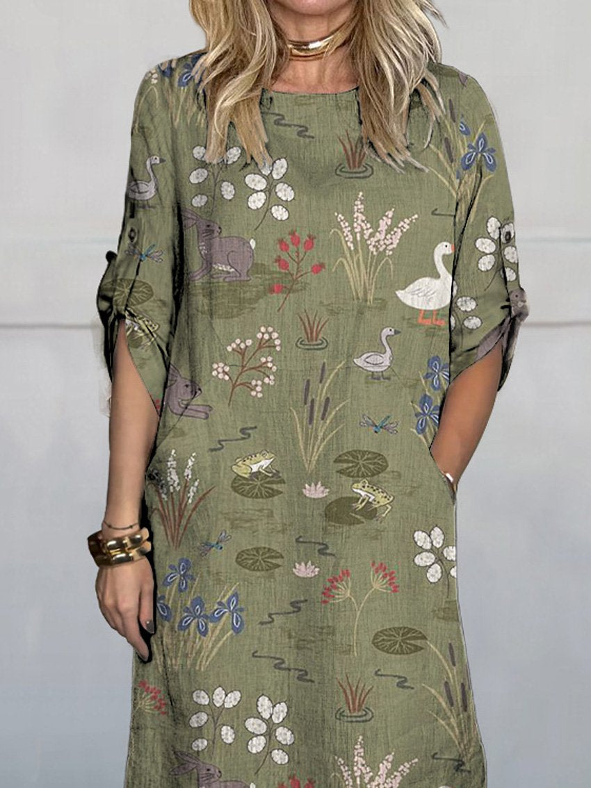 Spring Pond And Animal Pattern Printed Women's Comfortable Linen Pocket Dress