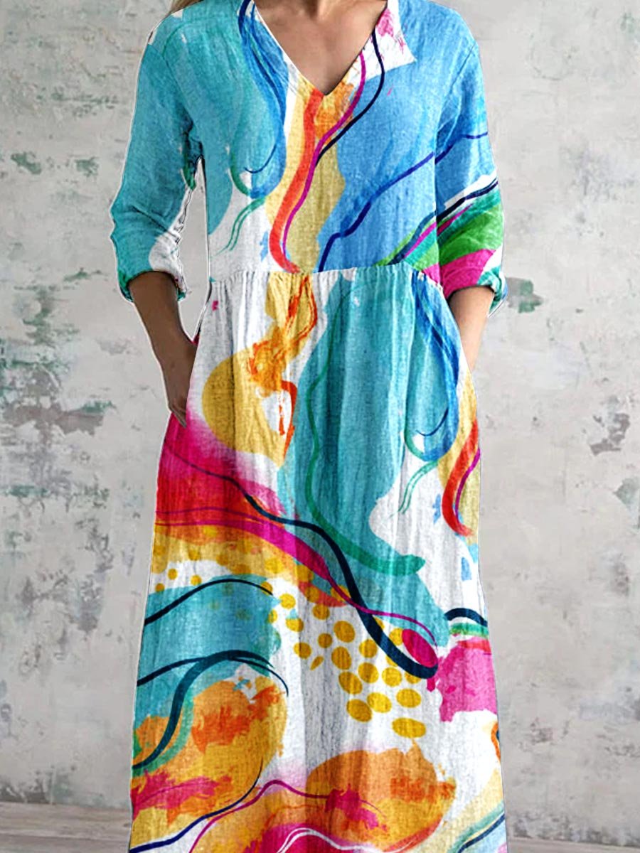 Women's Art Splash Art Print V-neck Cotton And Linen Dress