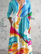 Women's Art Splash Art Print V-neck Cotton And Linen Dress