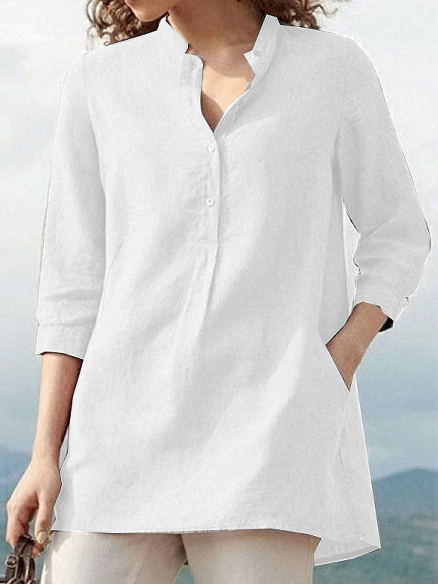 Women's Solid Color Loose Elegant Casual Cotton And Linen Shirt