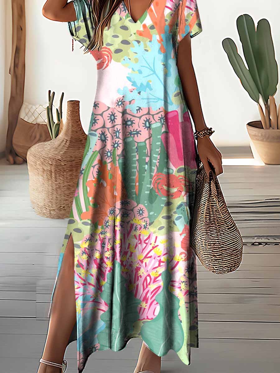 Women's Underwater World Pattern Resort Style V-Neck Dress