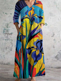 Women's V Neck Abstract Geometric Floral Art Print Cotton and Linen Pocket Dress