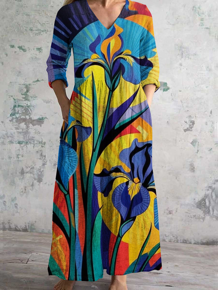 Women's V Neck Abstract Geometric Floral Art Print Cotton and Linen Pocket Dress