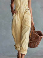 Casual Yellow Square-Neck Jumpsuit with Front Zipper