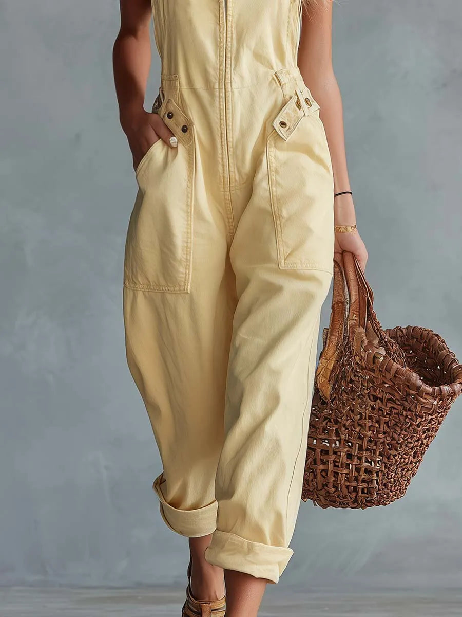 Casual Yellow Square-Neck Jumpsuit with Front Zipper