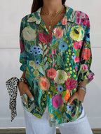 Women's  Vintage Flower Print Casual Linen V-neck Shirt