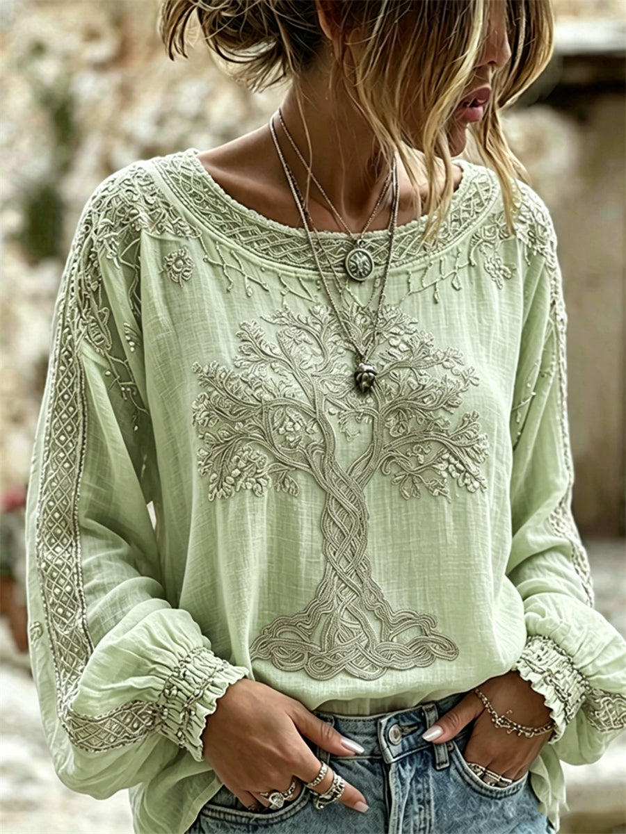 Women's Vintage Viking Tree of Life Print Cotton-Linen Shirt