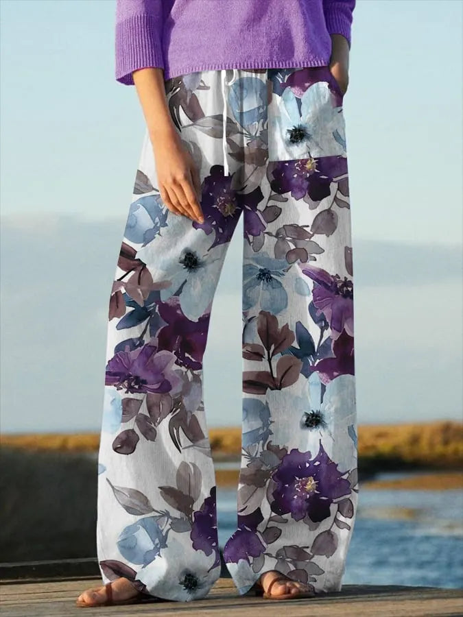 Women's Floral Design Lace-Up Elastic Waist Loose Casual Pants