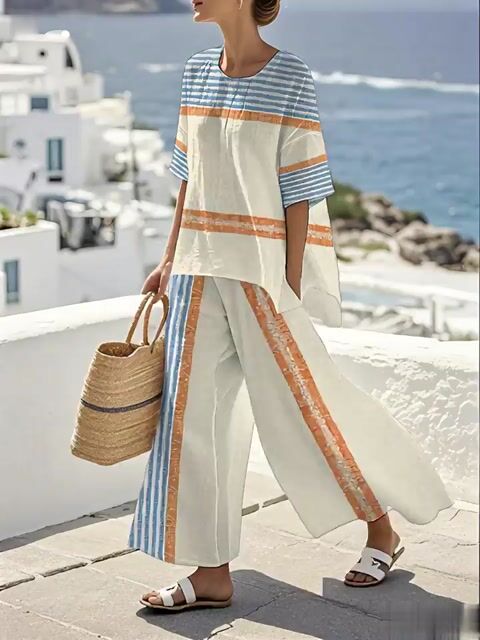 Women'S Loose Slit Contrast Striped Pants Set