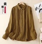 Women's Patchwork Lace Trim Linen And Cotton Pleated Shirt