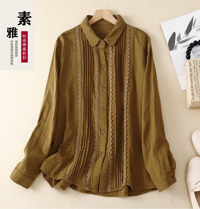 Women's Patchwork Lace Trim Linen And Cotton Pleated Shirt