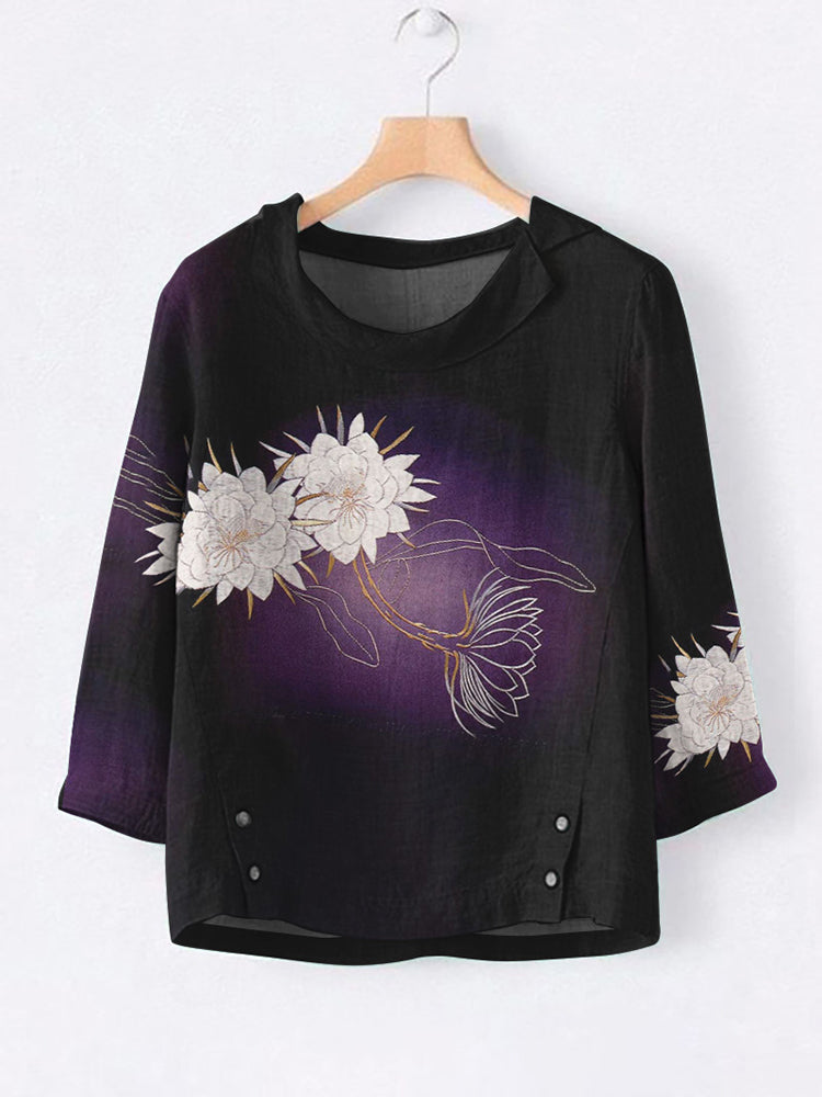 Japanese Art Flower Print Casual Blouse