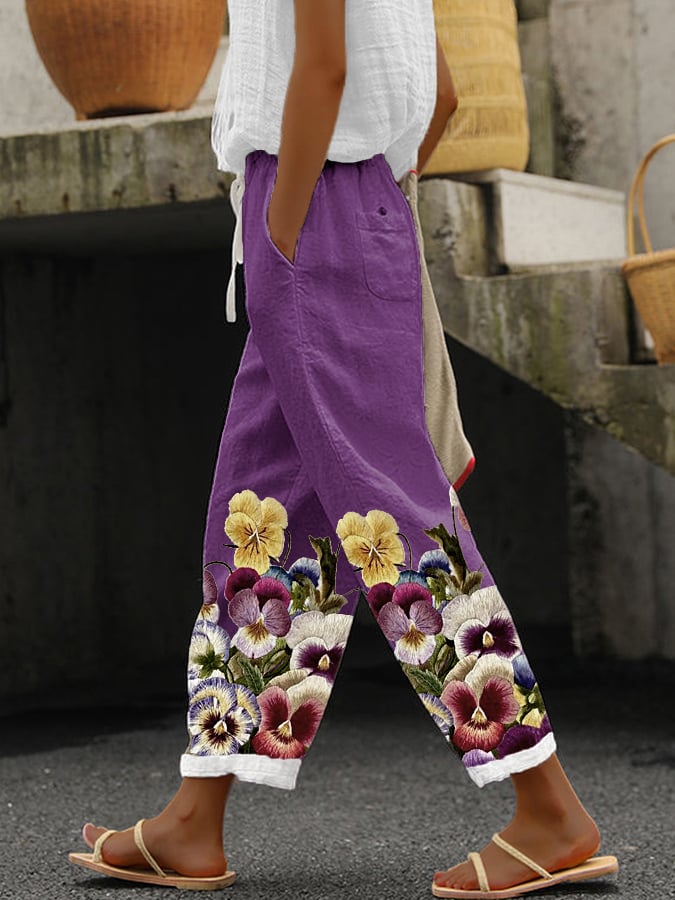 Women's Purple Floral Print Alzheimer's Awareness Support Pants