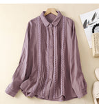 Women's Patchwork Lace Trim Linen And Cotton Pleated Shirt