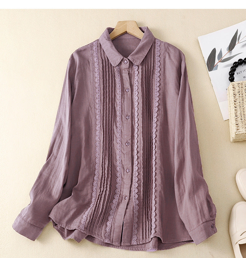 Women's Patchwork Lace Trim Linen And Cotton Pleated Shirt