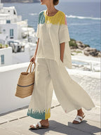 Women's Loose Round Neck Tie-Dye Contrast Color Pants Set