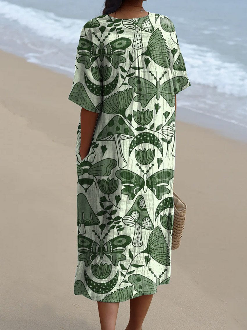 Women's Vintage Lovely Floral Butterfly Art Print Flowy Dress
