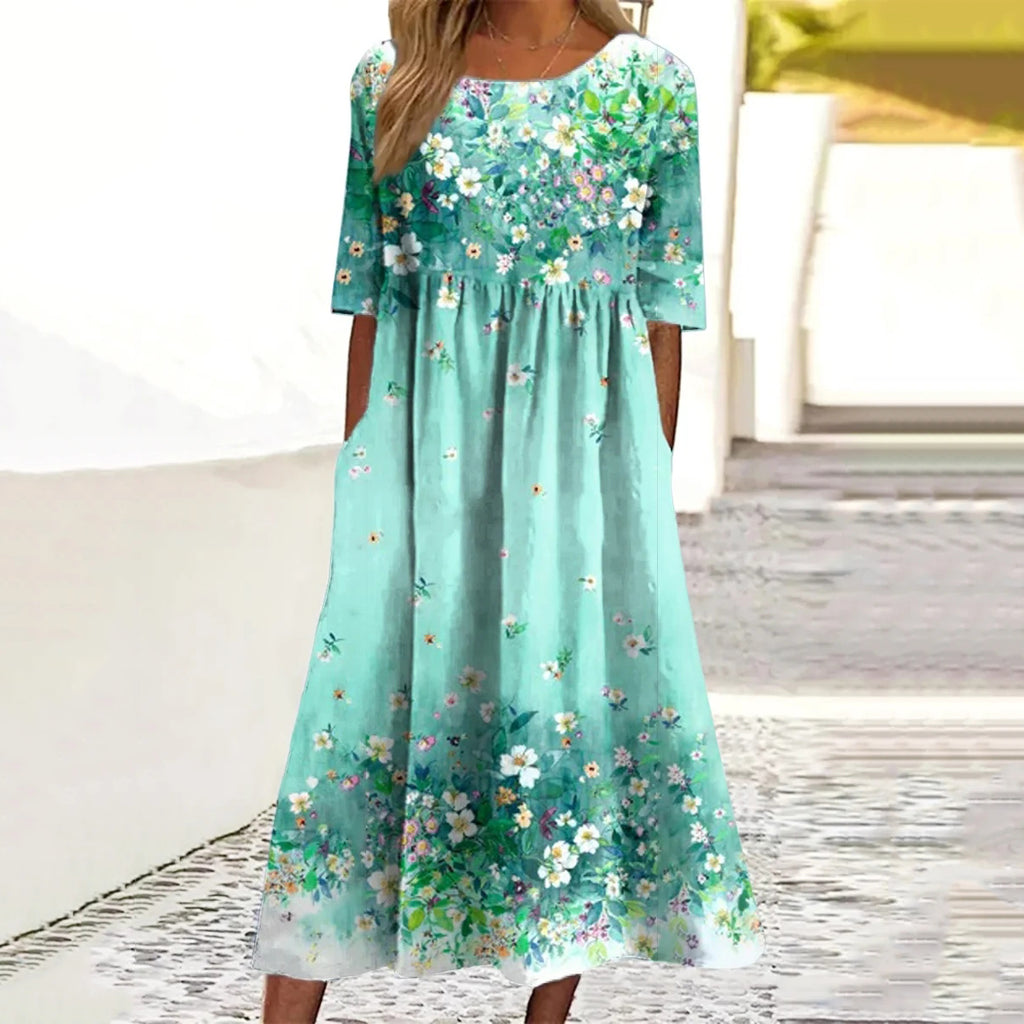 Flower Print Round Neck Short Sleeve Midi Dress