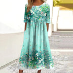 Flower Print Round Neck Short Sleeve Midi Dress