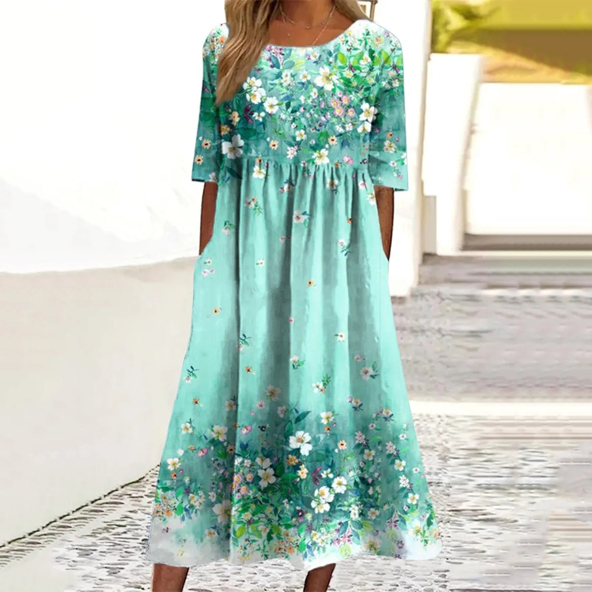 Flower Print Round Neck Short Sleeve Midi Dress