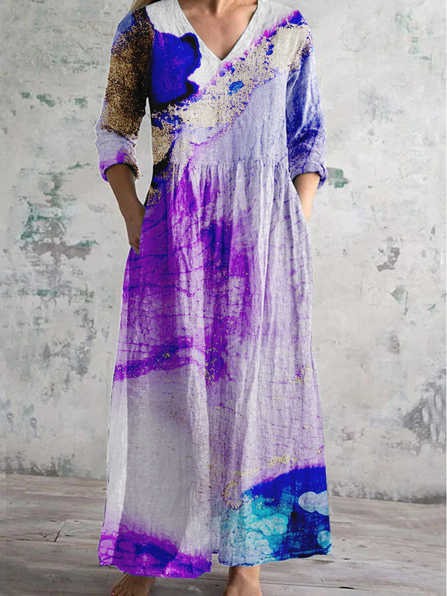 Women's V Neck Abstract Rendered Art Cotton Linen Pocket Dress