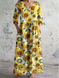 Women's V-Neck Sunflower Floral Cotton And Linen Print Dress With Pockets