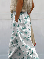 Green Spring Floral And Vine Pattern Printed Women's 100%Cotton Casual Pants