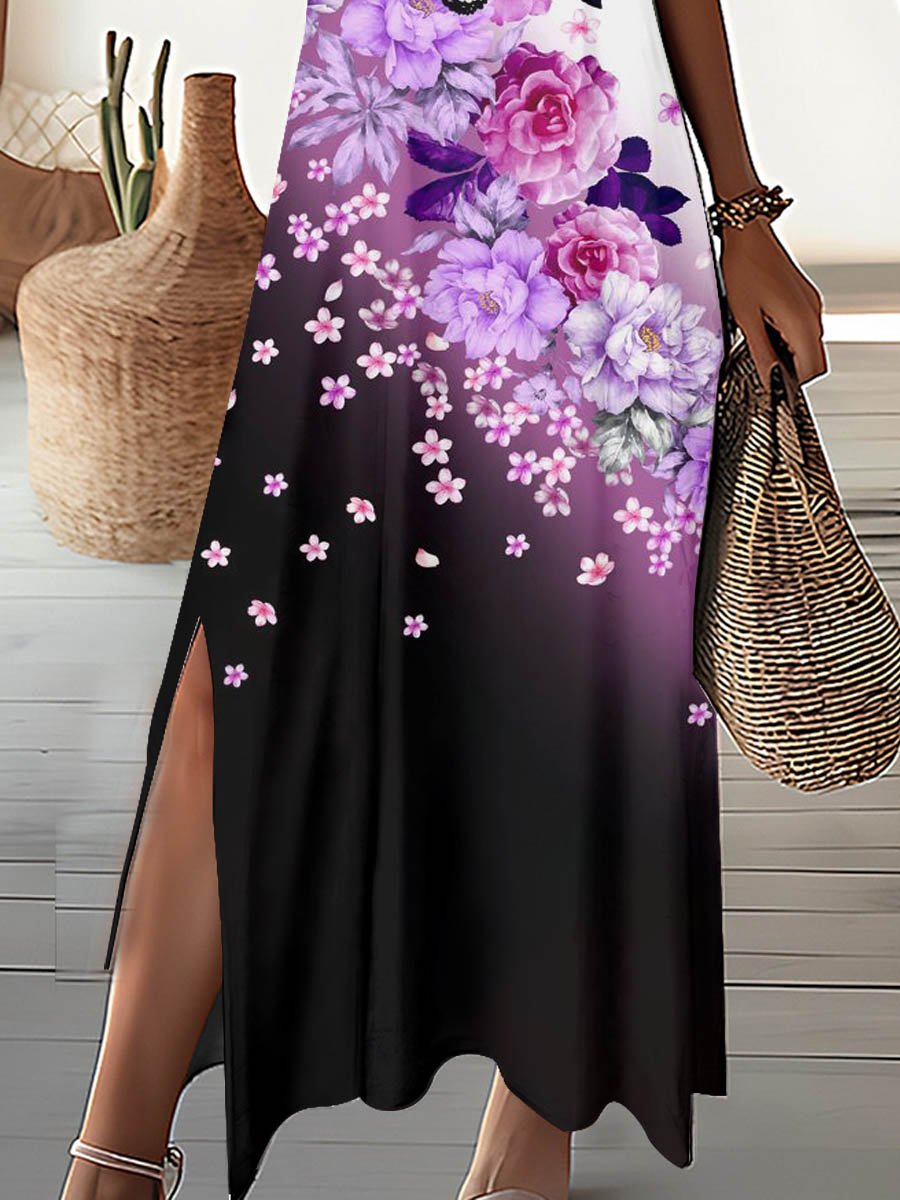 Women's V -neck Art Flower Printing Dress