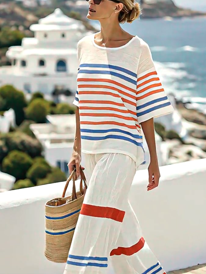 Women's Casual Loose Striped Pants Set