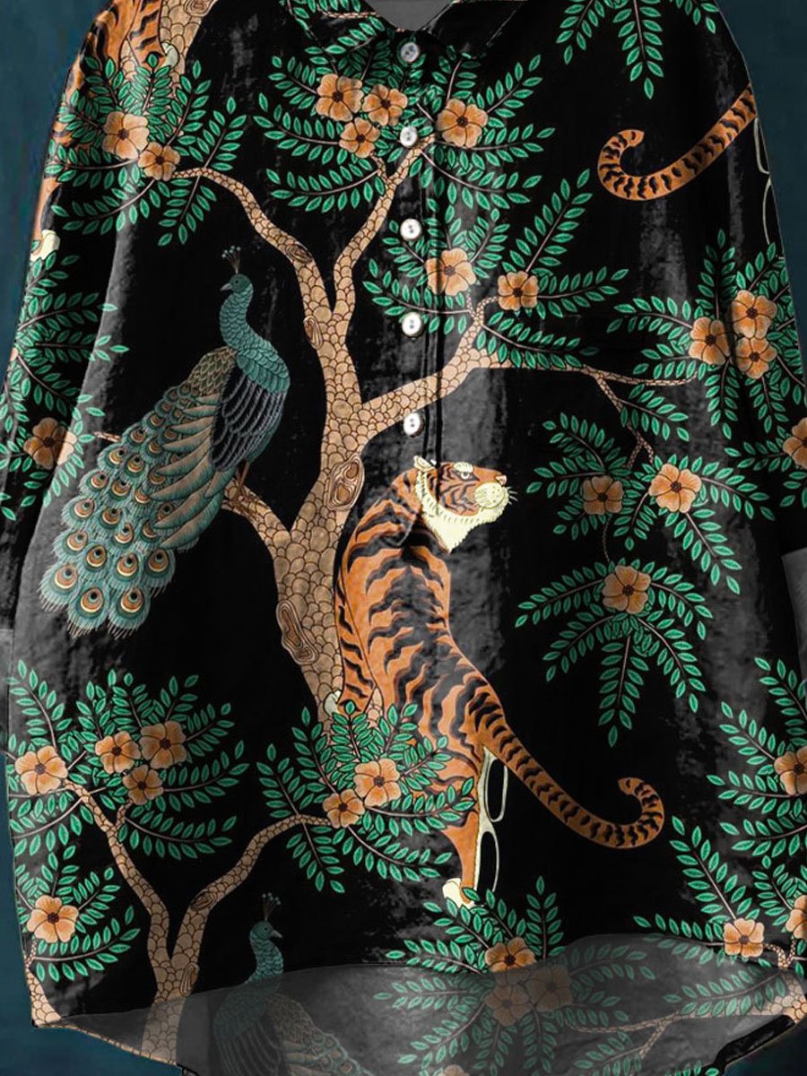 Vintage Ethnic Lovely Animals Floral Art Print Casual Cotton And Linen Shirt