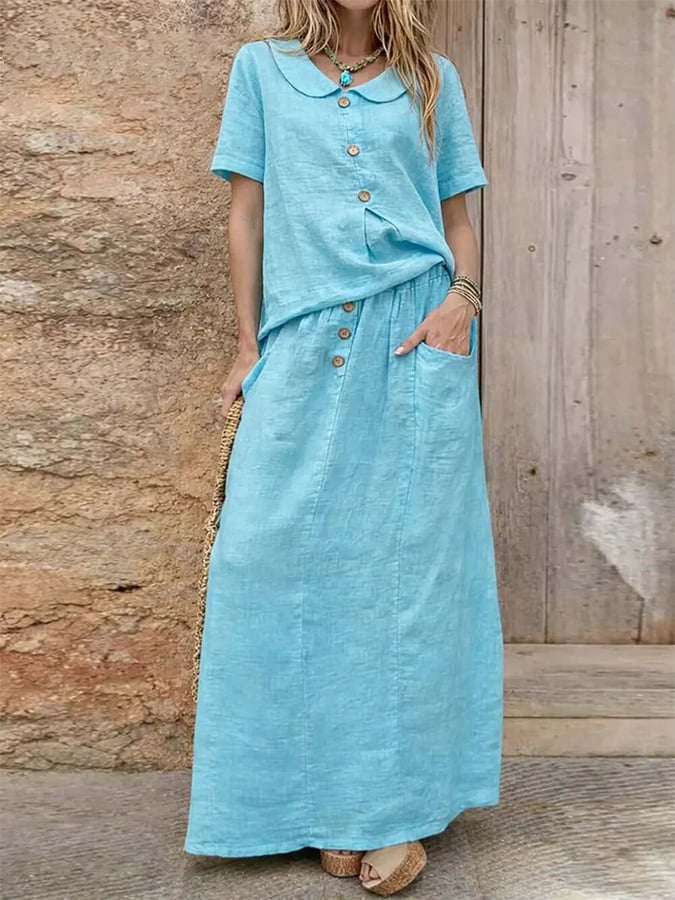 Women'S Casual Solid Color Cotton And Linen Loose Dress Two-Piece Set