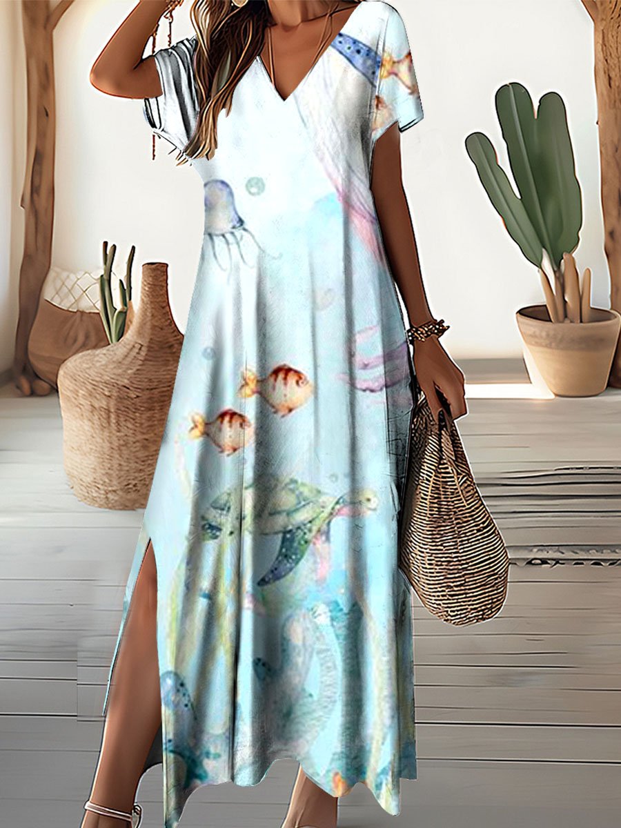 Women's Underwater World Pattern Resort V-Neck Dress
