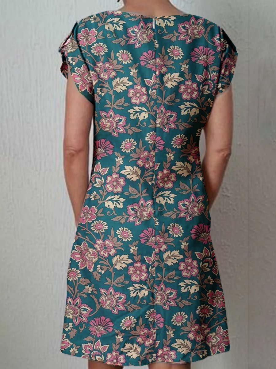 Women's Classic Floral Pattern Cotton and Linen Dress