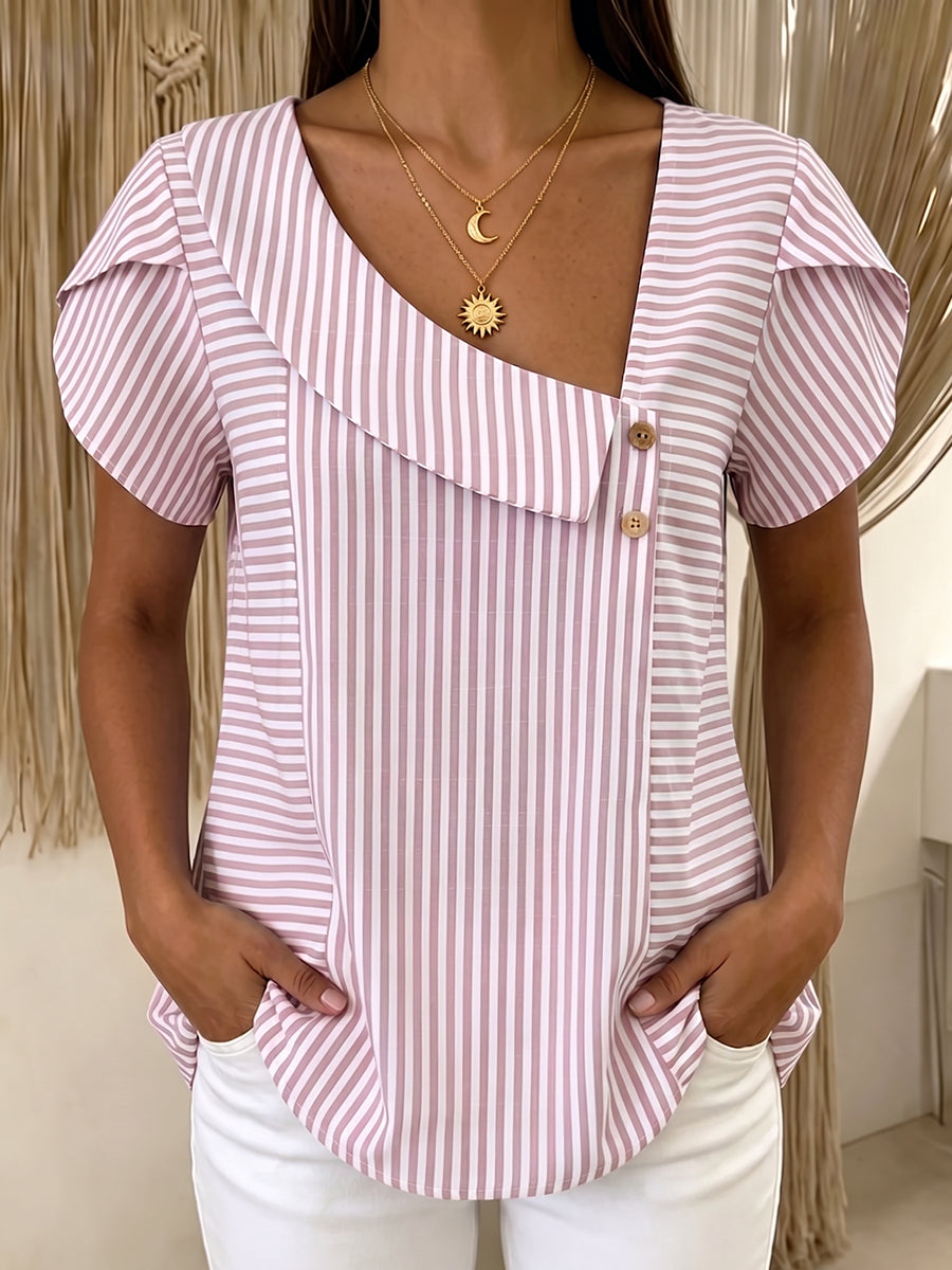 Artistic Cut Striped Cotton-linen Polo Collar Shirt Blouse