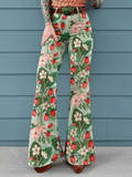 Women's Vintage Floral Print Mid-Rise Button-Hem Bootcut Pants (Without Belt)